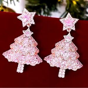 Pink Sparkling Zircon Christmas Tree Earrings Bling Jewelry For Holidays NEW